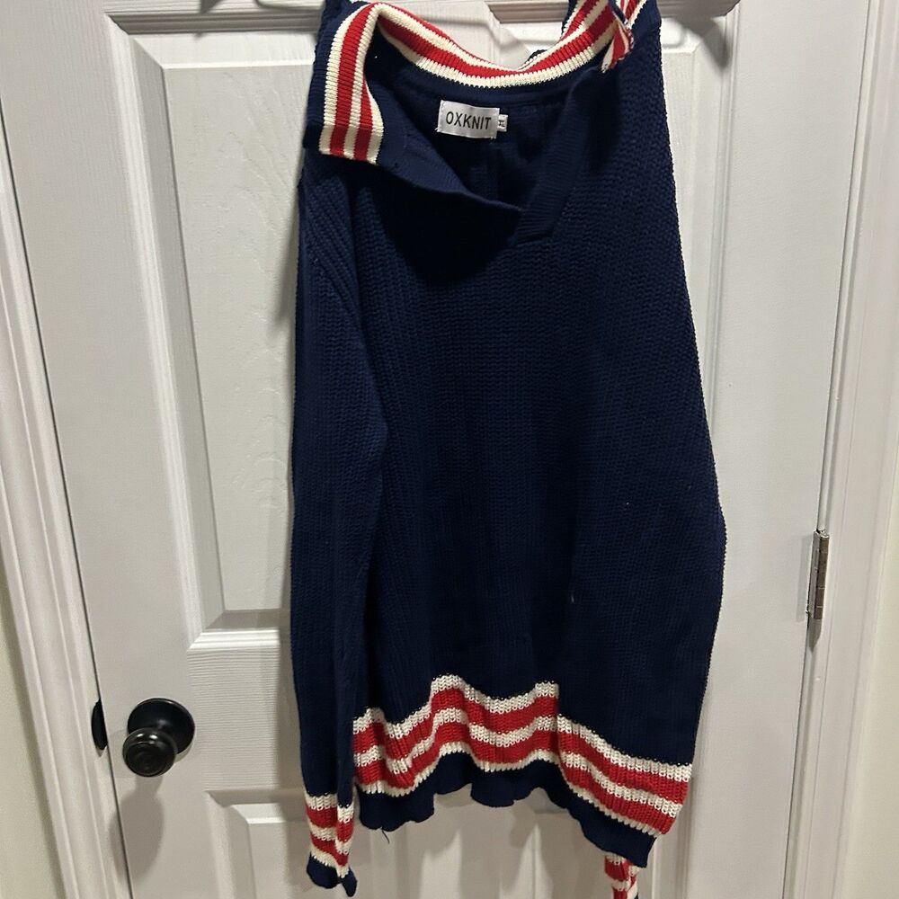 OXKNIT  XL Navy Knit Polo Sweater Red White Stripe Retro Preppy Long Sleeve